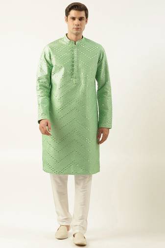 Light green silk mirror embroidered kurta set