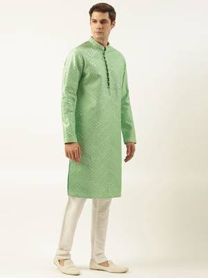 Light green silk mirror embroidered kurta set 4