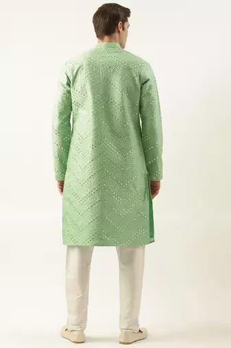 Light green silk mirror embroidered kurta set