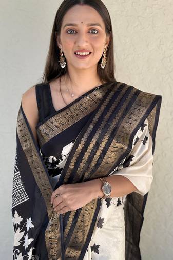 floral print kalamkari silk blend saree (black)