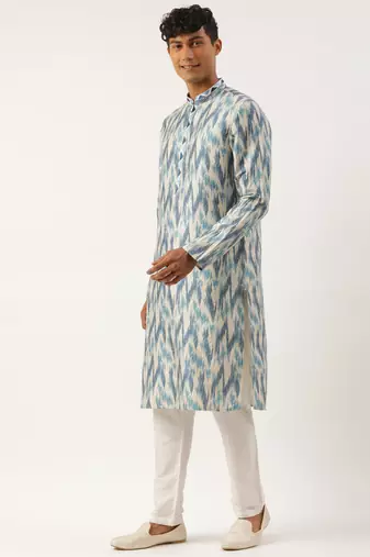 Blue ikat printed kurta set