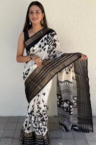 floral print kalamkari silk blend saree