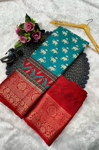 animal print woven bollywood silk blend tussar silk saree (blue)