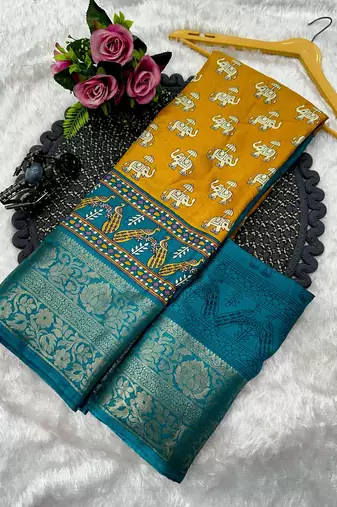 animal print woven bollywood silk blend tussar silk saree (yellow)
