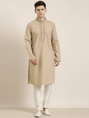 Beige cotton dori embroidered kurta set 1