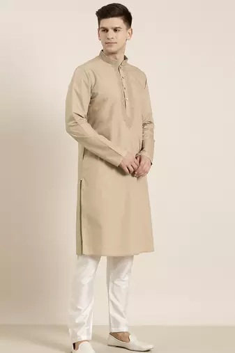 Beige cotton dori embroidered kurta set