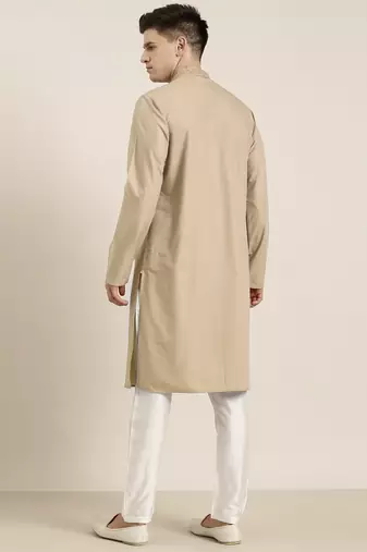 Beige cotton dori embroidered kurta set