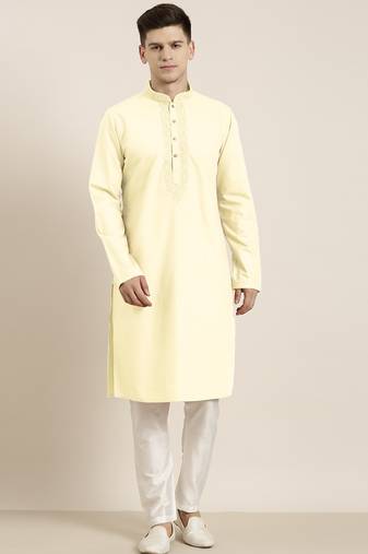 Yellow cotton dori embroidered kurta set