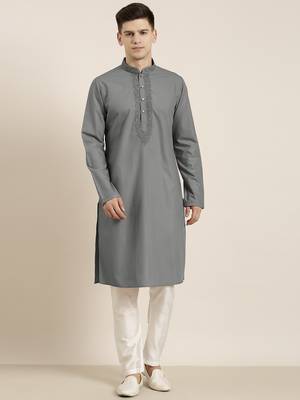 Grey cotton dori embroidered kurta set 1
