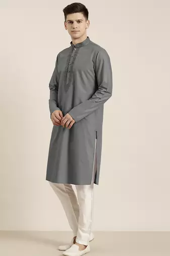 Grey cotton dori embroidered kurta set