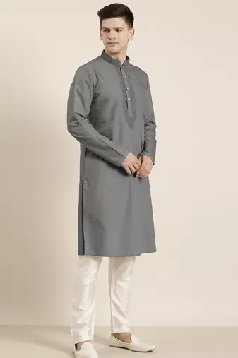 Grey cotton dori embroidered kurta set