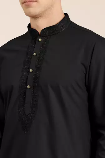 Black cotton dori embroidered kurta set