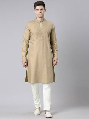 Beige pleated cotton kurta set 1