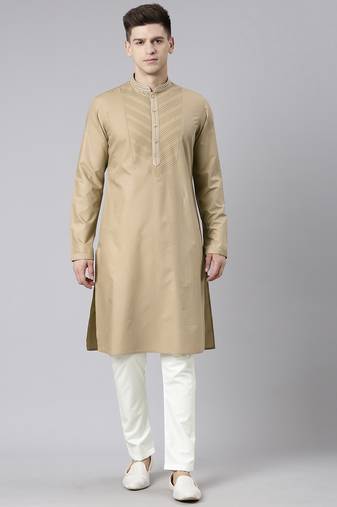 Beige pleated cotton kurta set