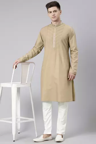 Beige pleated cotton kurta set