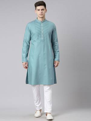 Teal pleated cotton kurta set 1
