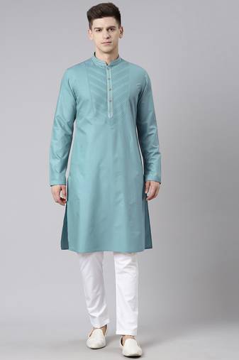 Teal pleated cotton kurta set