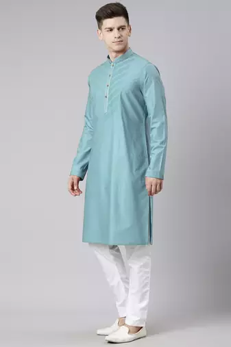 Teal pleated cotton kurta set