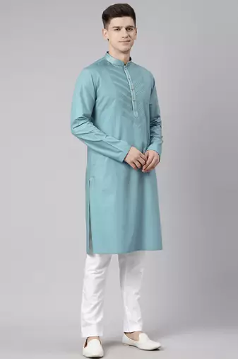 Teal pleated cotton kurta set