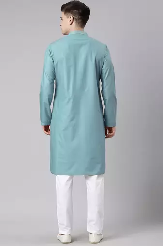 Teal pleated cotton kurta set