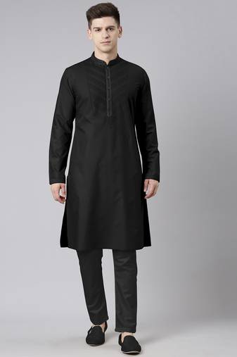 Black pleated cotton kurta set