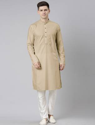 Beige cotton dori embroidery kurta set 1