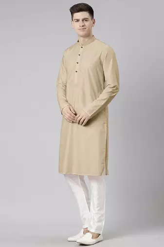 Beige cotton dori embroidery kurta set