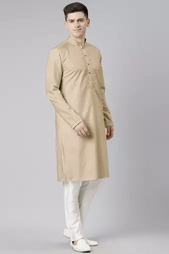 Beige cotton dori embroidery kurta set