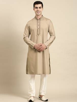Beige cotton dori embroidered kurta set 1