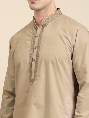 Beige cotton dori embroidered kurta set 5