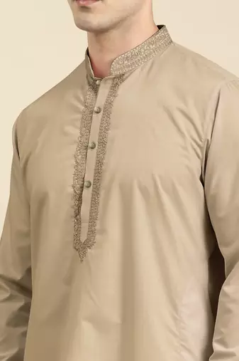 Beige cotton dori embroidered kurta set