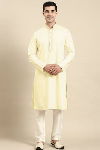 Yellow cotton dori embroidered kurta set