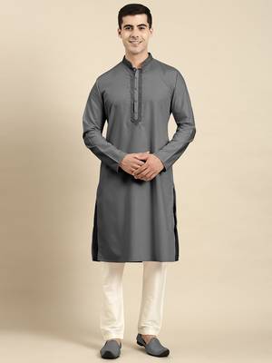 Grey cotton dori embroidered kurta set 1
