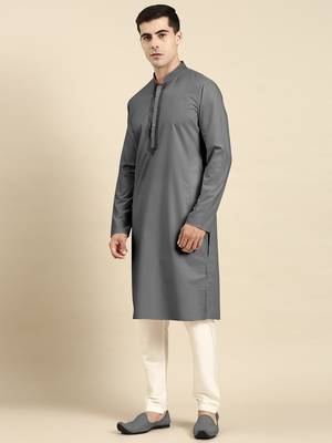 Grey cotton dori embroidered kurta set 3