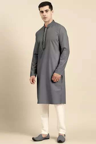 Grey cotton dori embroidered kurta set
