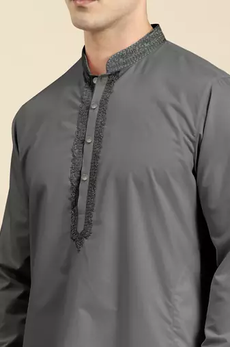 Grey cotton dori embroidered kurta set