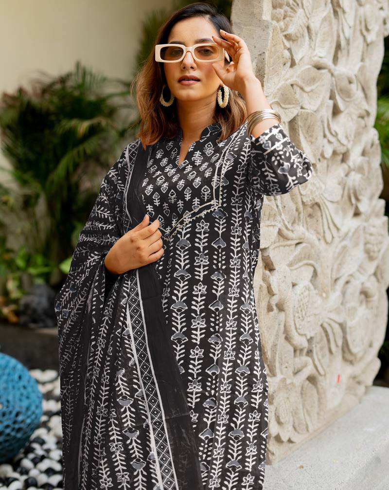 Women Black White Cotton Block Printed Straight Kurta With Pant & Dupatta Set