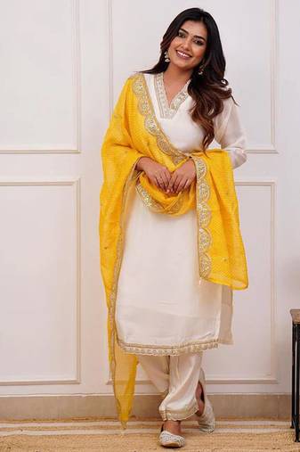 Off White Embroidered Cotton Silk Suit Set with Yellow Chanderi Dupatta