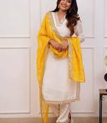 Off White Embroidered Cotton Silk Suit Set with Yellow Chanderi Dupatta