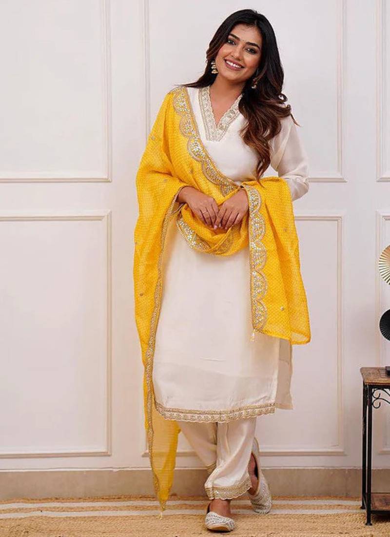 Off White Embroidered Cotton Silk Suit Set with Yellow Chanderi Dupatta