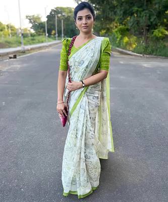 White leaf digital printed linen cotton saree 1