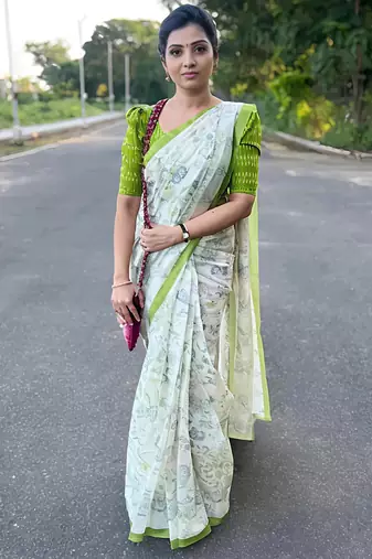 White leaf digital printed linen cotton saree