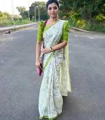 White leaf digital printed linen cotton saree