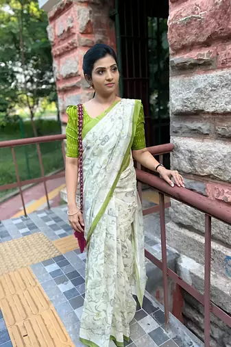 White leaf digital printed linen cotton saree