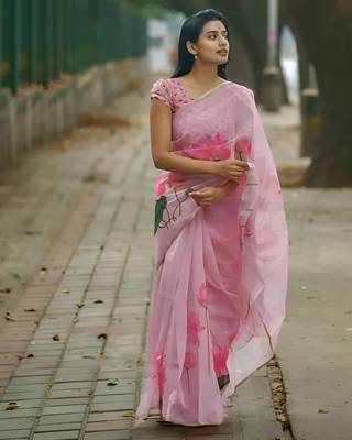 Pink leaf digital printed linen cotton saree 1