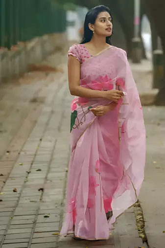 Pink leaf digital printed linen cotton saree