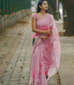 Pink leaf digital printed linen cotton saree