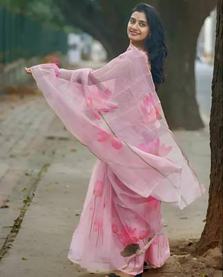 Pink leaf digital printed linen cotton saree 2