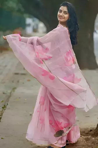 Pink leaf digital printed linen cotton saree