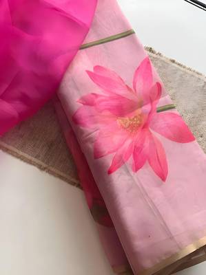 Pink leaf digital printed linen cotton saree 3